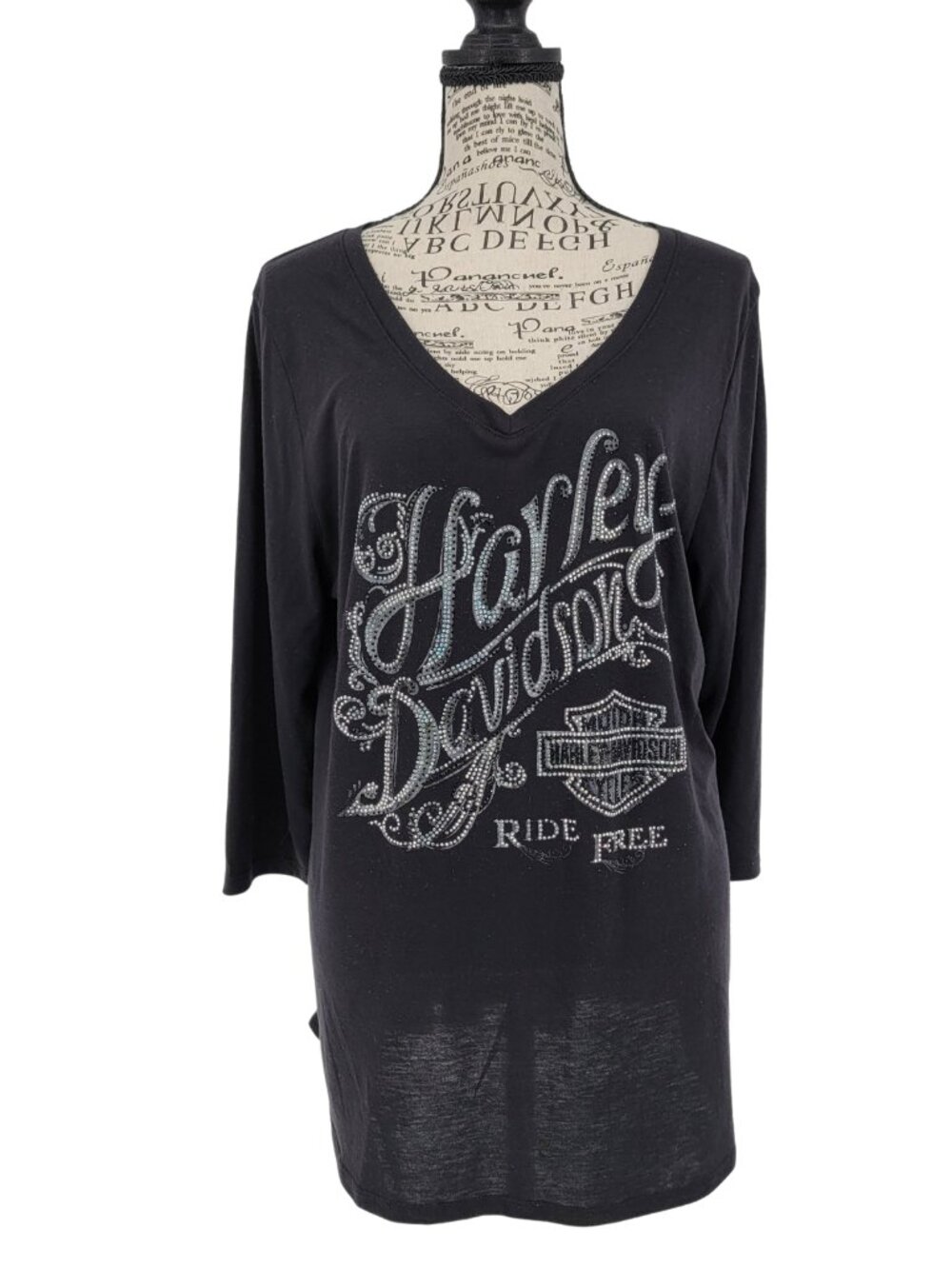 Harley-Davidson Black Rhinestone Tunic Shirt Est Size 1X Ride Free 3/4 Sleeve